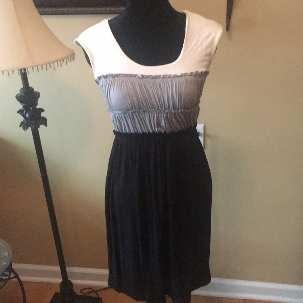 Black, gray, and white ruched dress